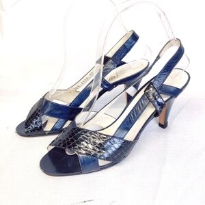 Gucci Blue Snakeskin Slingback Heels Size 37 Vintage 70s–80s Sandals Made Italy